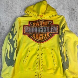 Yellow Studded Flame-Graphic Zip Hoodie
